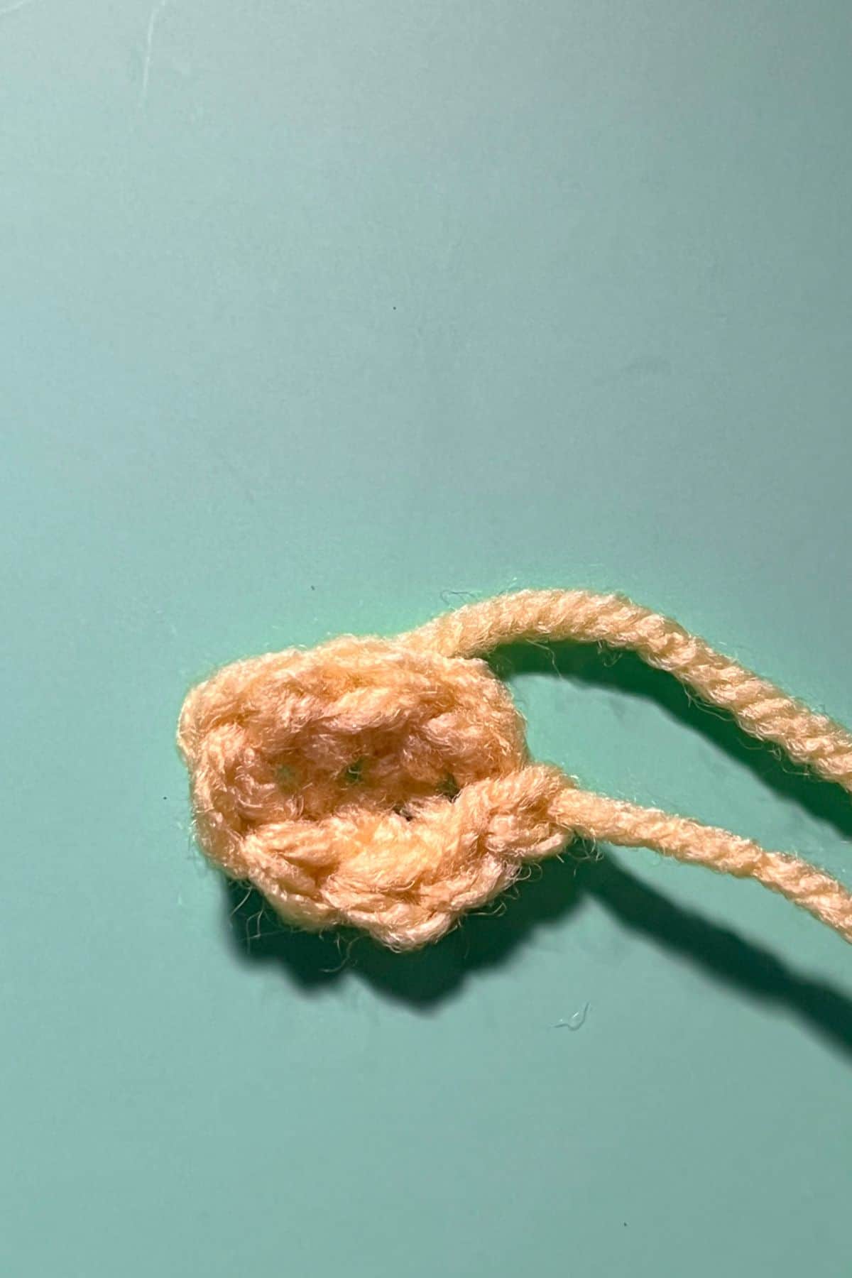 Crochet gold coin on green background.