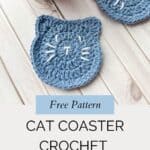 Finished cat coaster crochet pattern promo image.