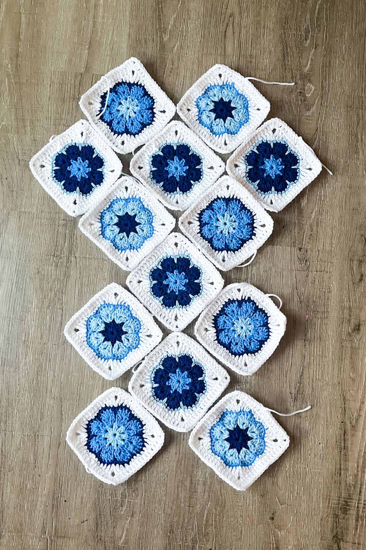 How to lay out the finished granny squares for the crochet African bag pattern.