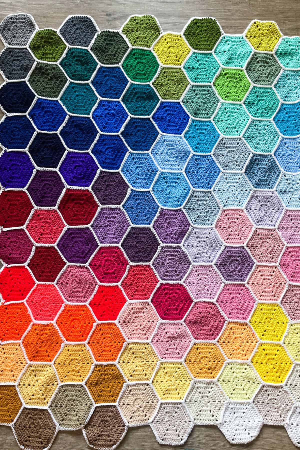 Backside of the crochet hexagon blanket.