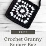 Crochet granny square bag pattern promo image.