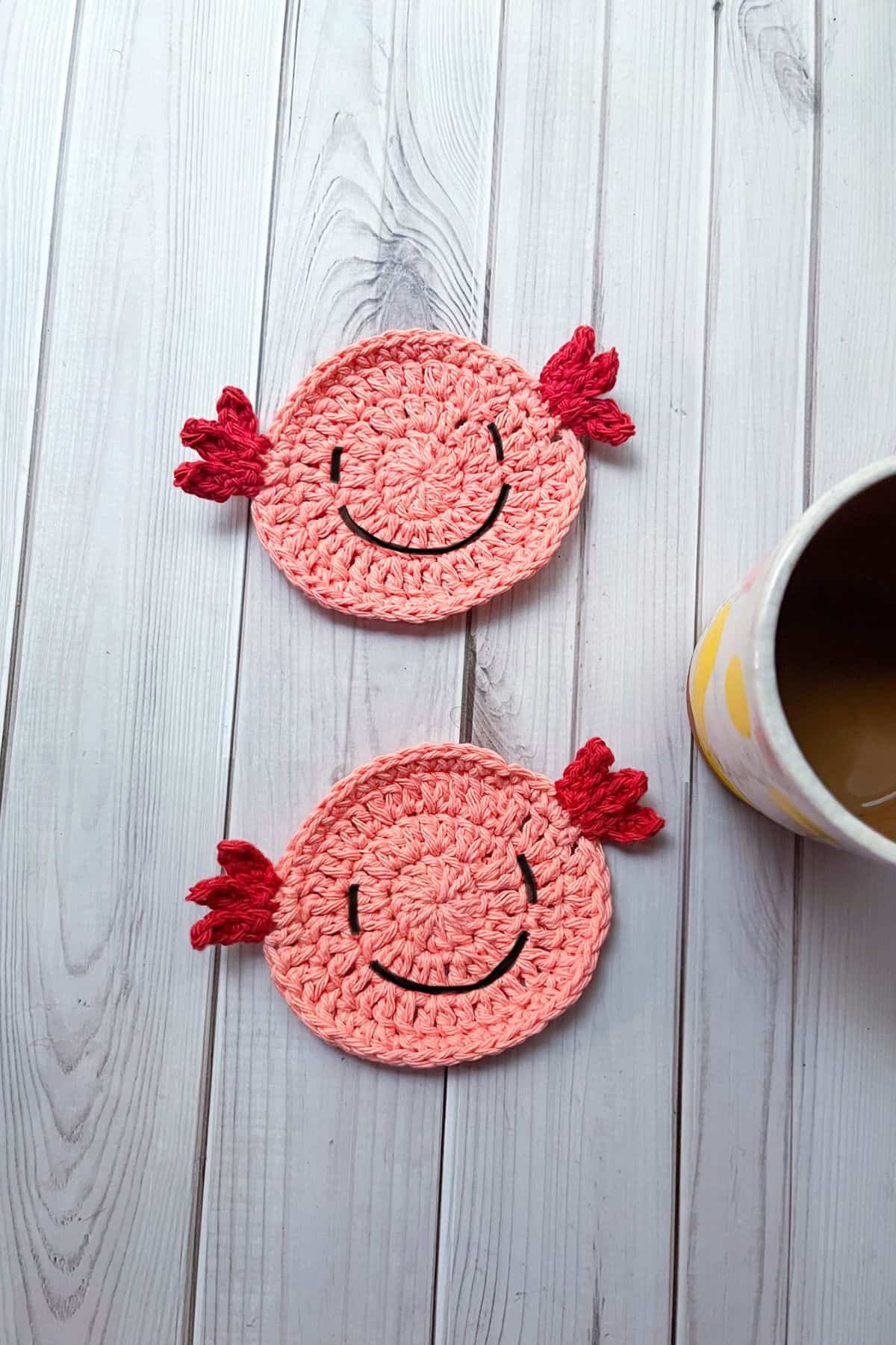 Finished crochet axolotl coaster.