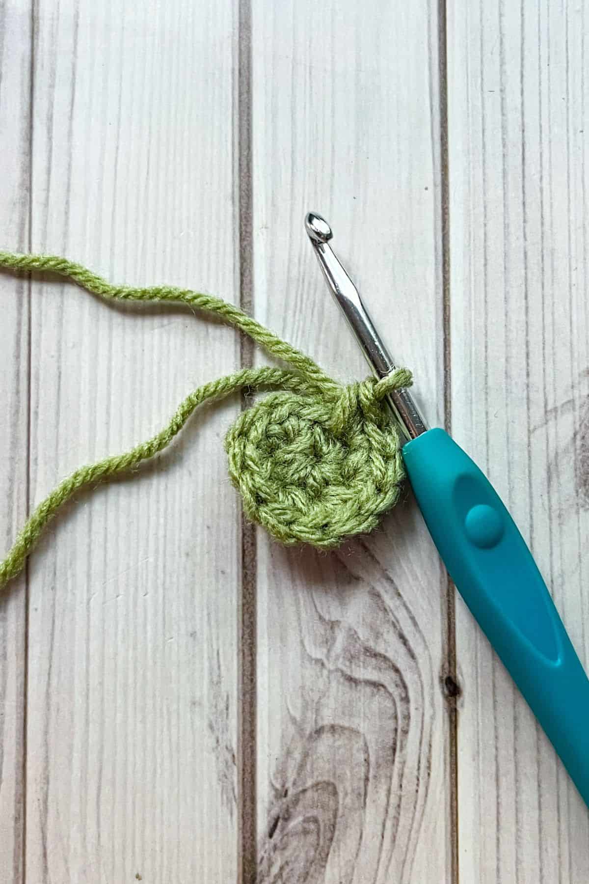 First 2 rounds of the crochet frog pattern.