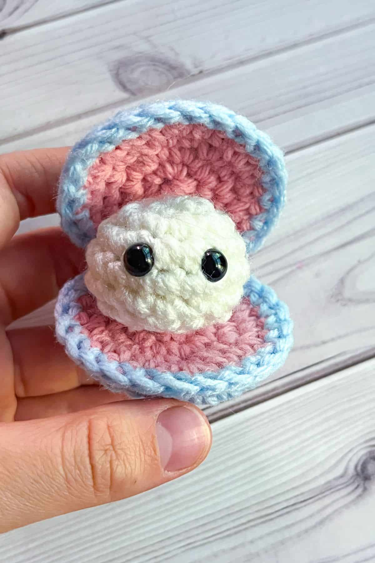 Finished crochet clam.