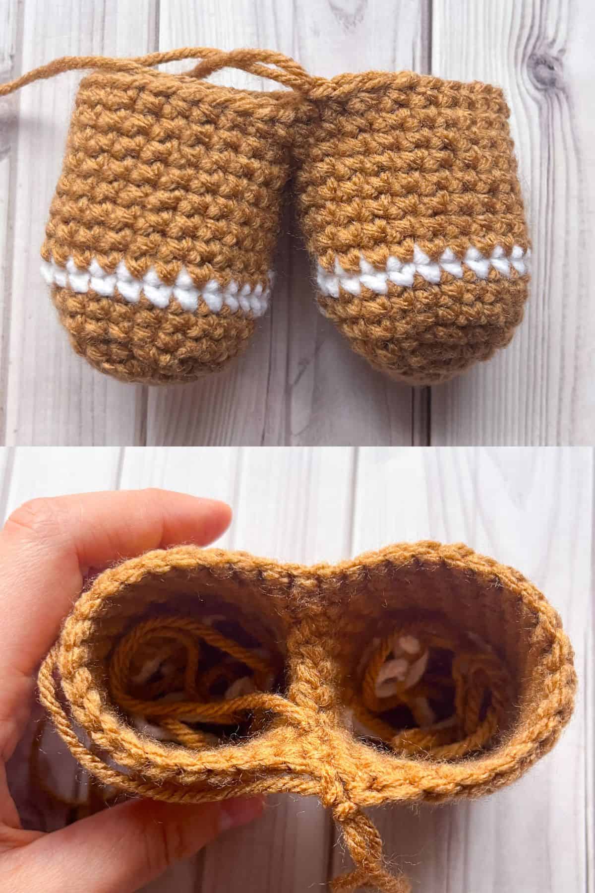Joining the crochet gingerbread feet.
