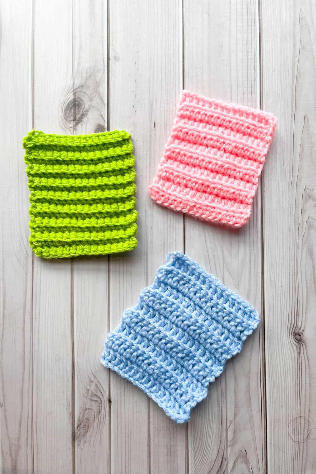 Crochet blo samples in sc, hdc, and dc.
