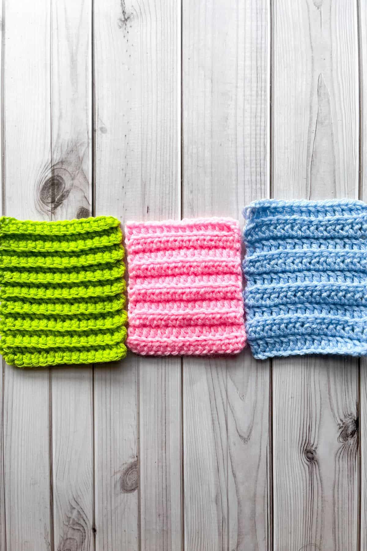 Crochet blo samples in sc, hdc, and dc.
