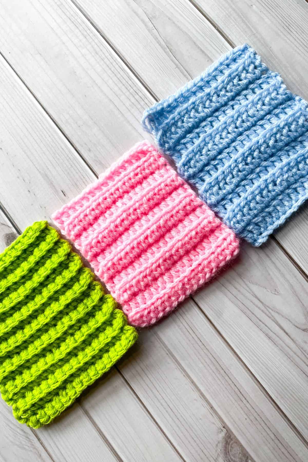 Crochet blo samples in sc, hdc, and dc.