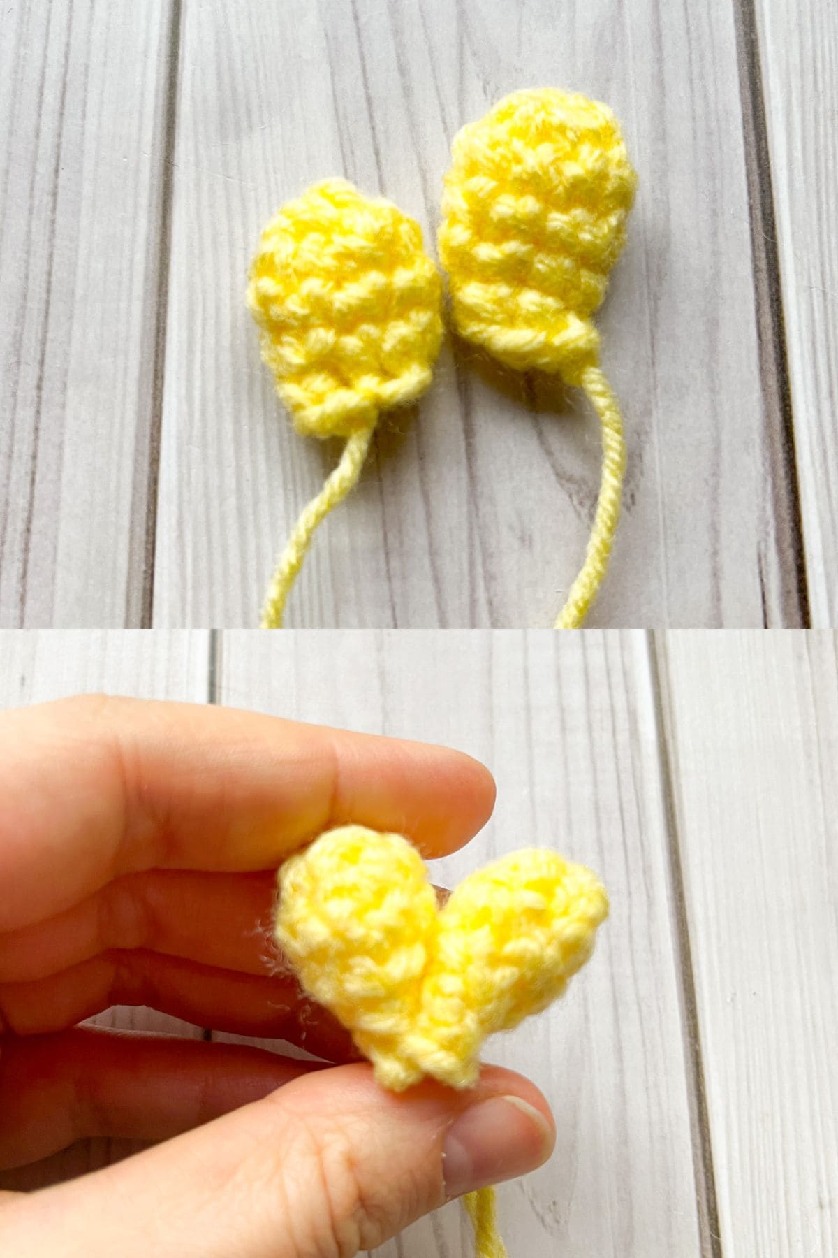 Showing a close up of the crochet duck feather hair.