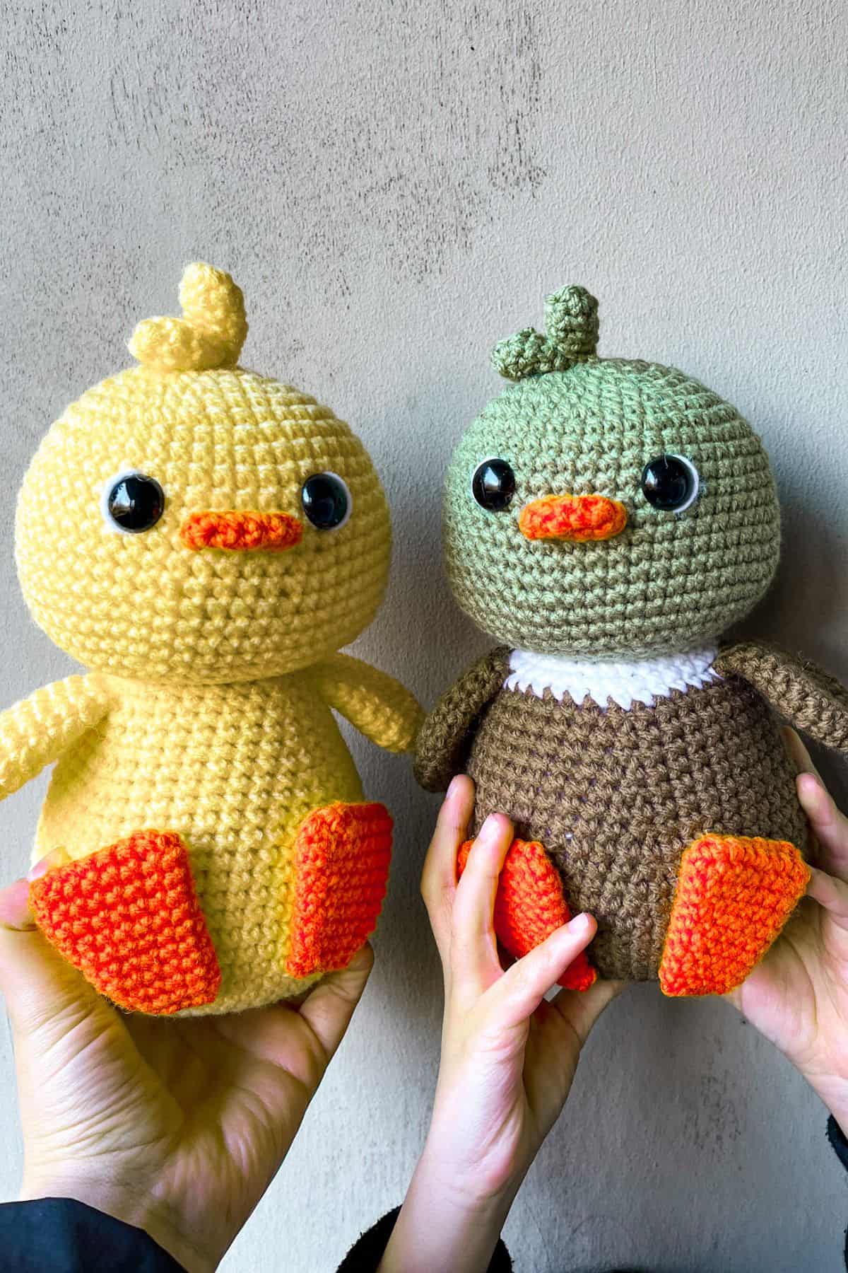 2 ducks are being held up to a plain background.