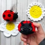 Finished crochet ladybug, one in hand, one on table with crochet flowers.