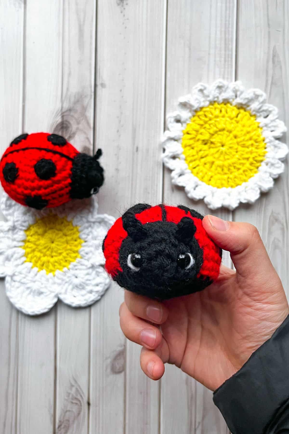 Finished crochet ladybug, one in hand, one on table with crochet flowers.
