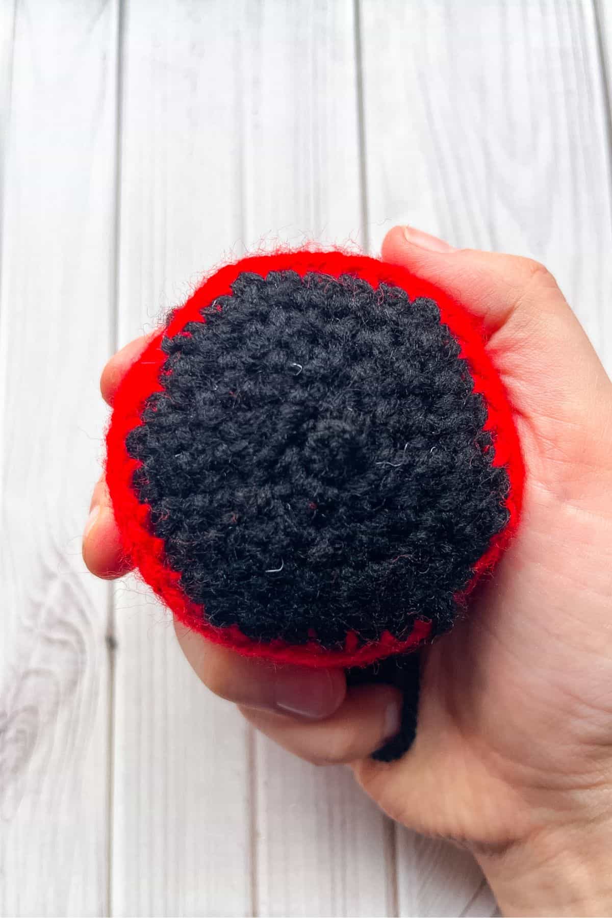 Bottom of the crochet ladybug body.