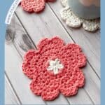 Crochet cherry blossom coaster promo image.
