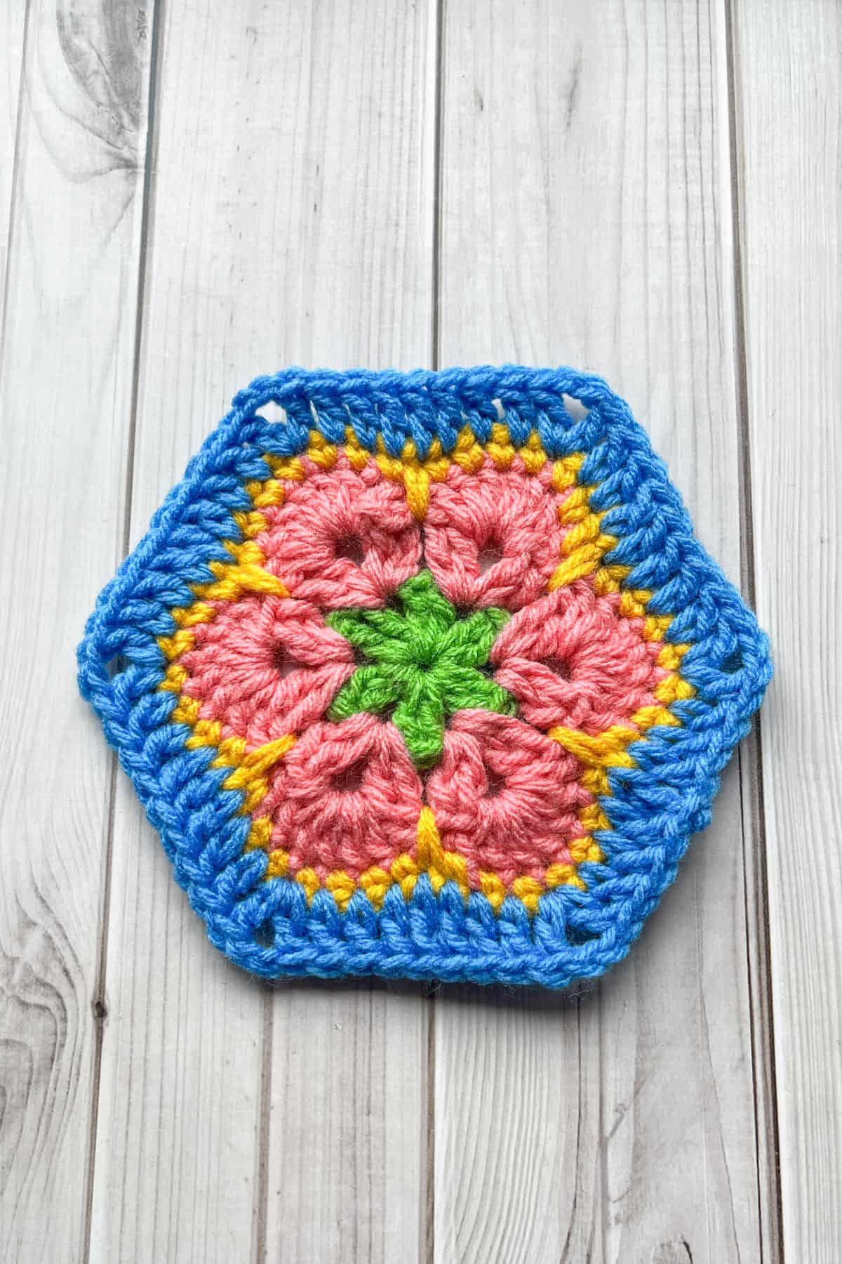 Finished 6 petal African hexagon on table.