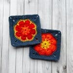 Crochet African flower granny squares on table.