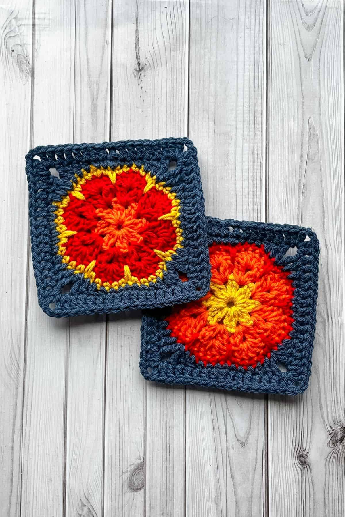 Crochet African flower granny squares on table.