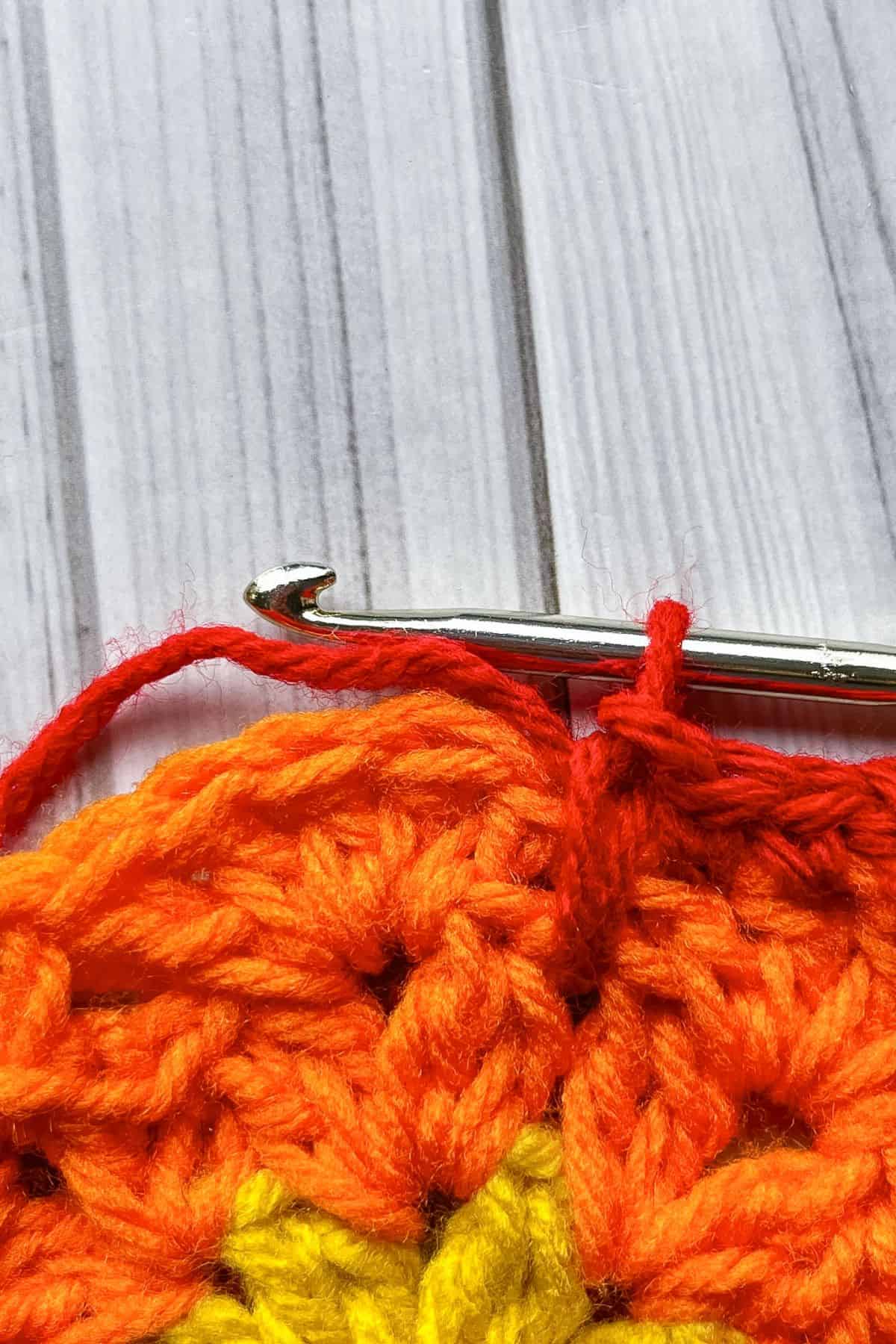 Close up of a long single crochet stitch.