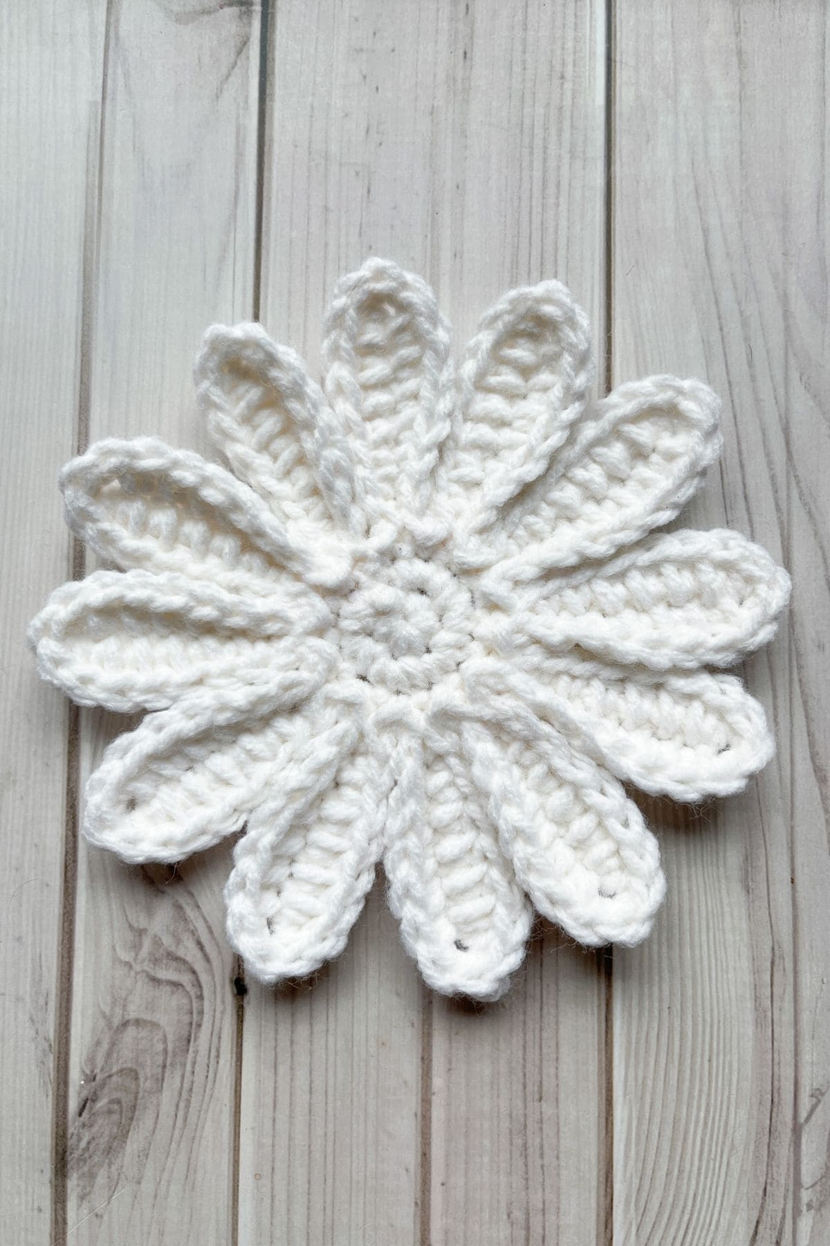 Finished crochet daisy base, laying on a table.