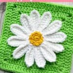 Crochet daisy applique pattern promo image.