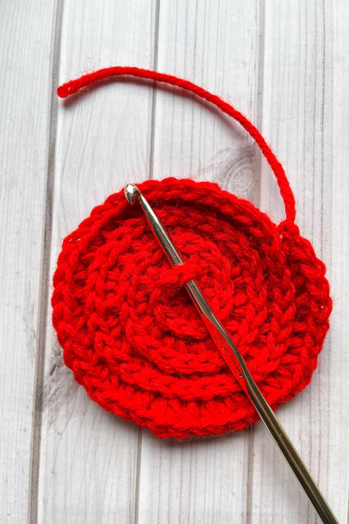 Hook inserted under 2 of the loops at the center of the rose.