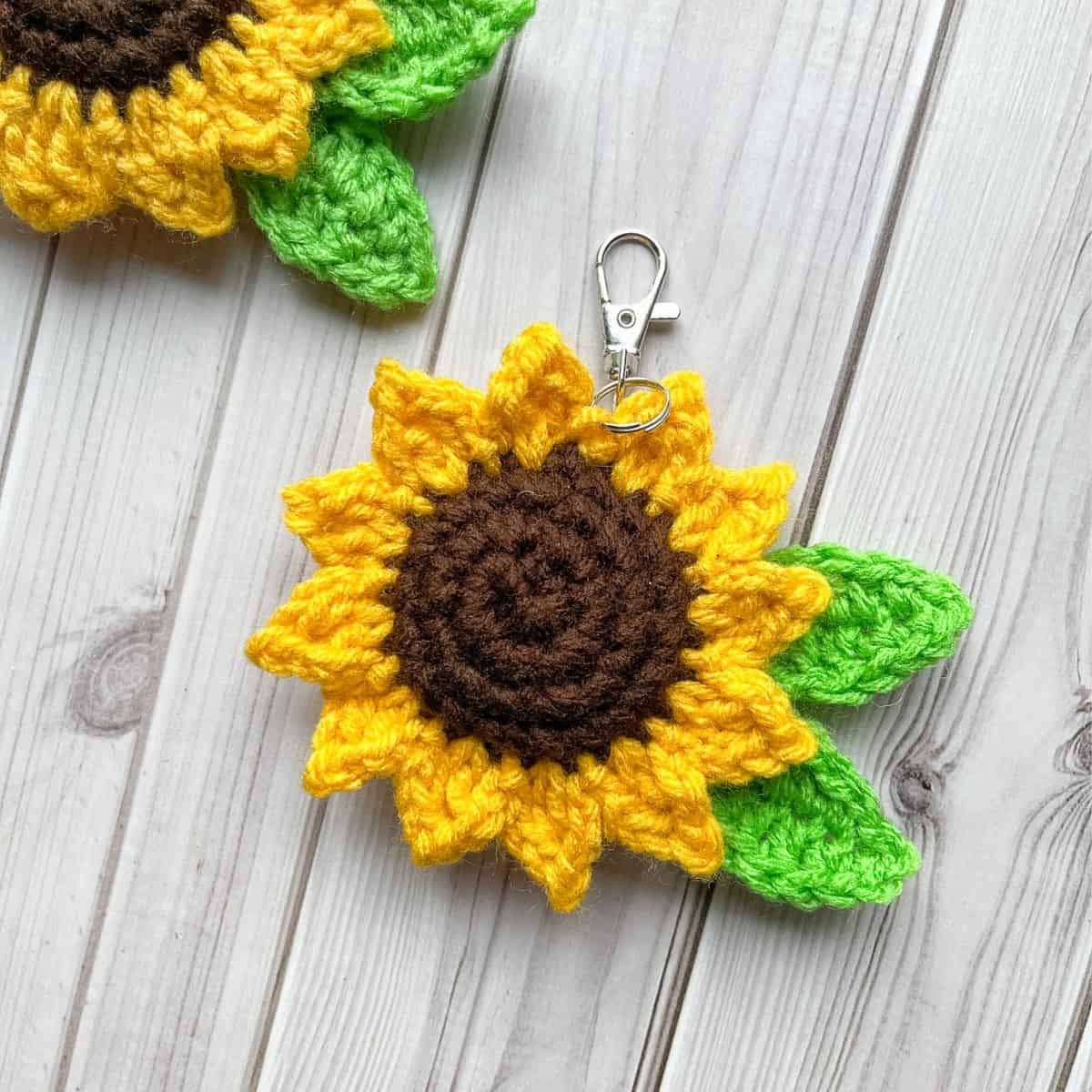 Crochet sunflower keychain by The Caffeinated Snail