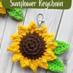 Crochet sunflower keychain promo image.