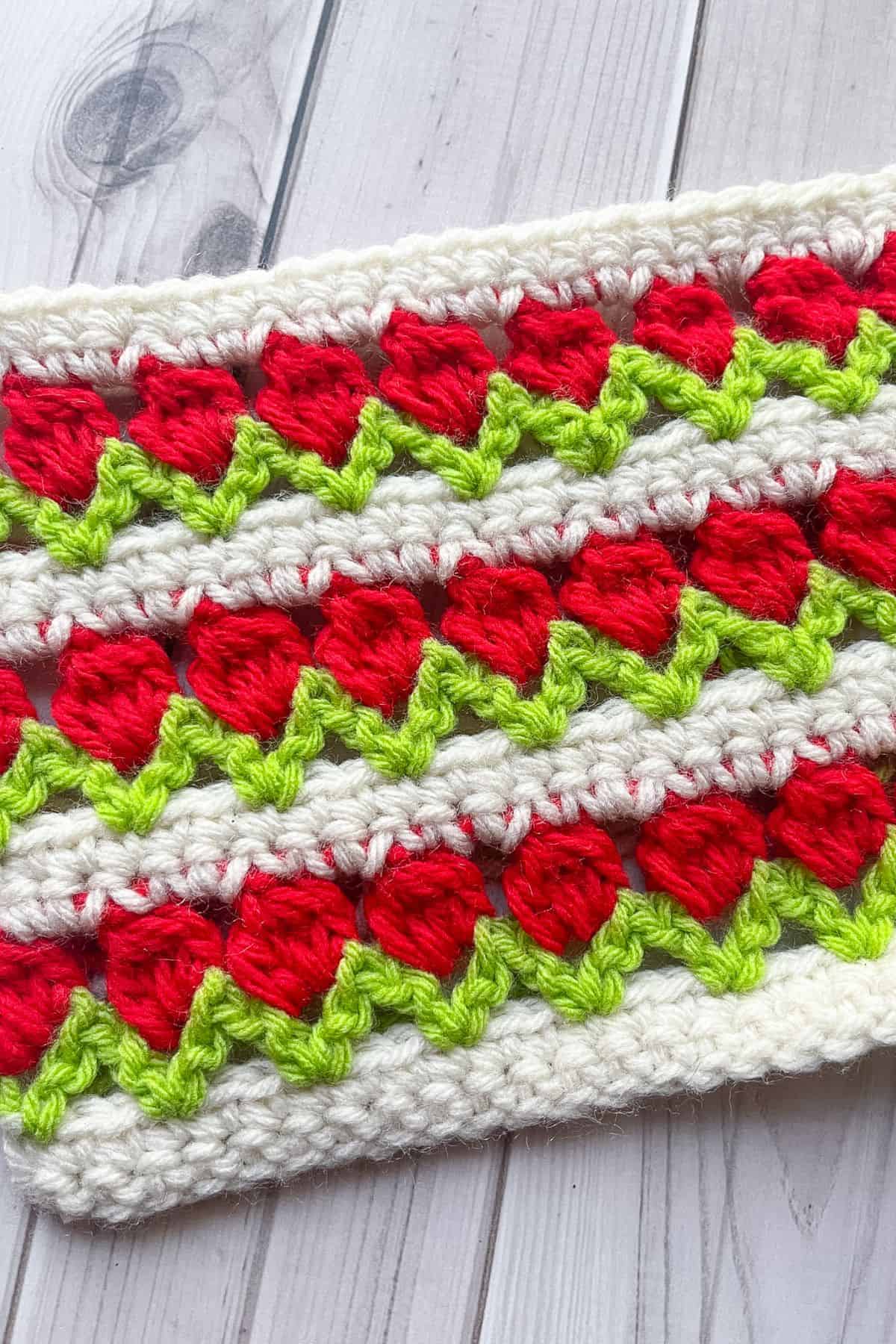 Finished crochet tulip swatch at an angle.