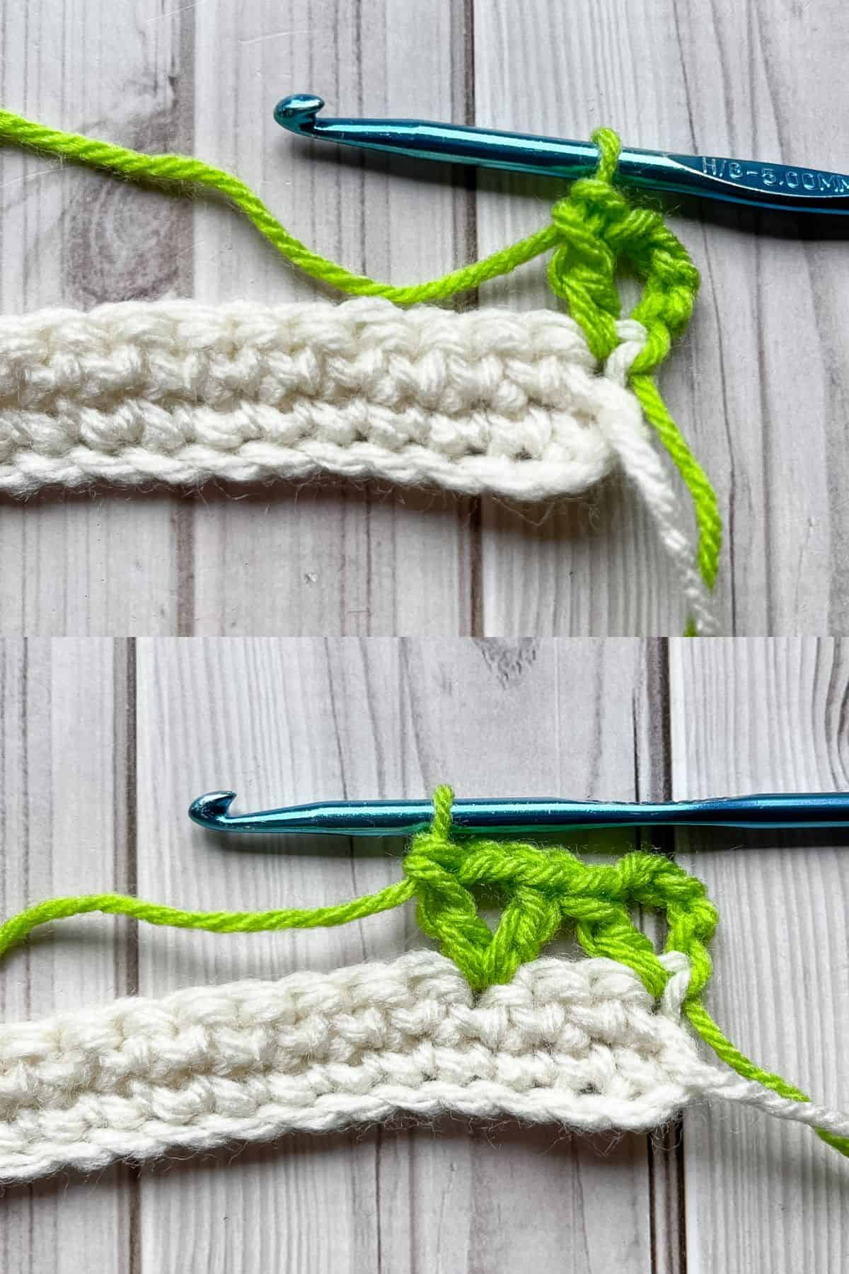 Showing how to do the v stitches for the tulip stitch.