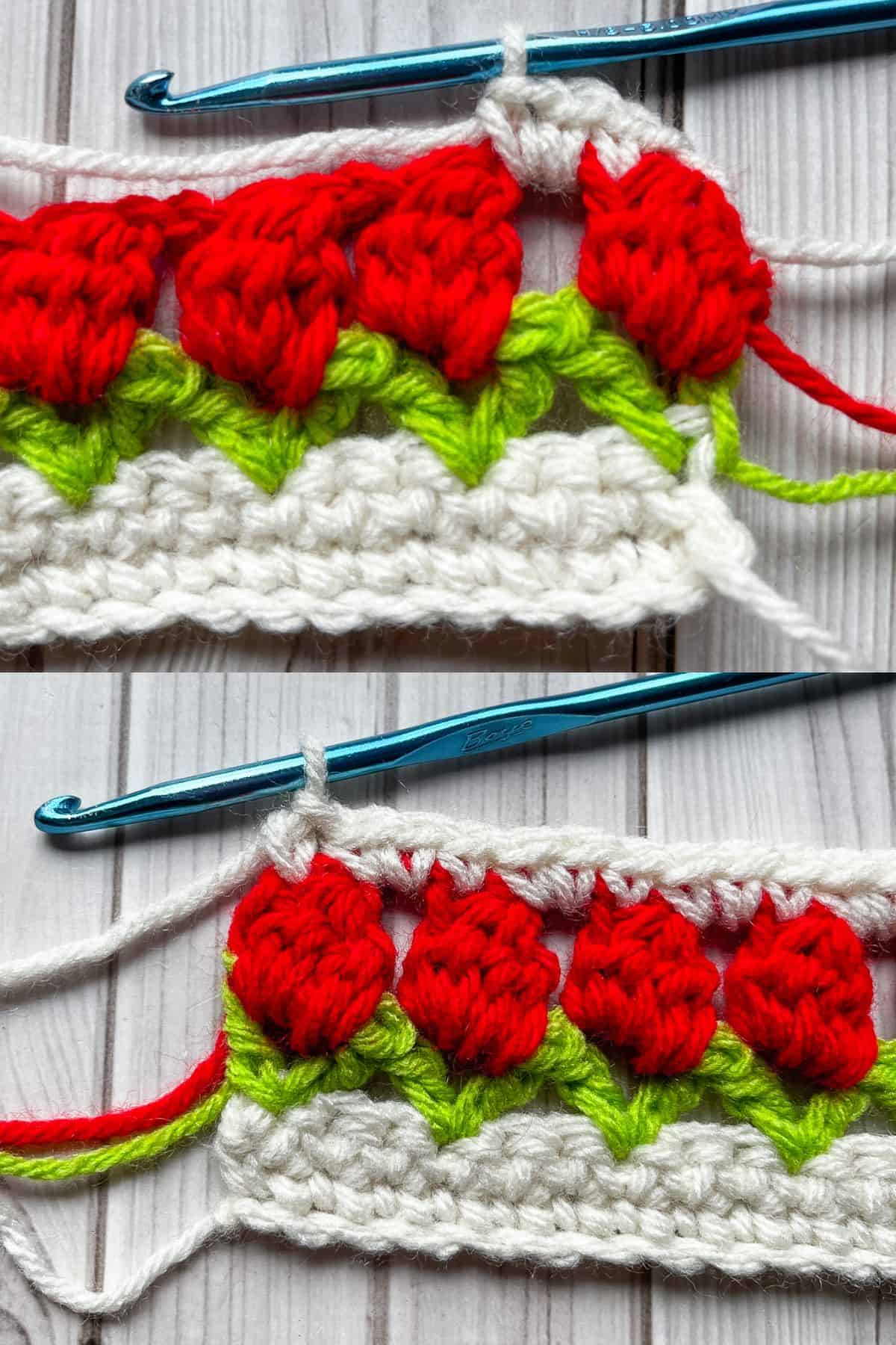 Making a row of single crochet after completing the tulip rows.