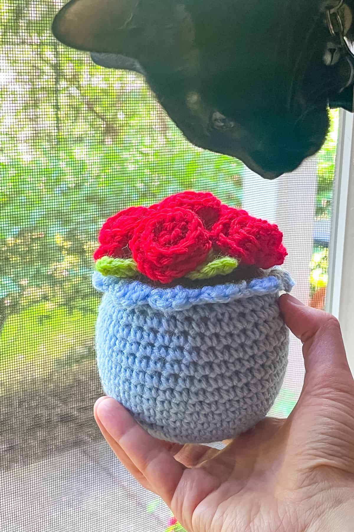 Finished crochet potted rose pattern being admired by my cat.