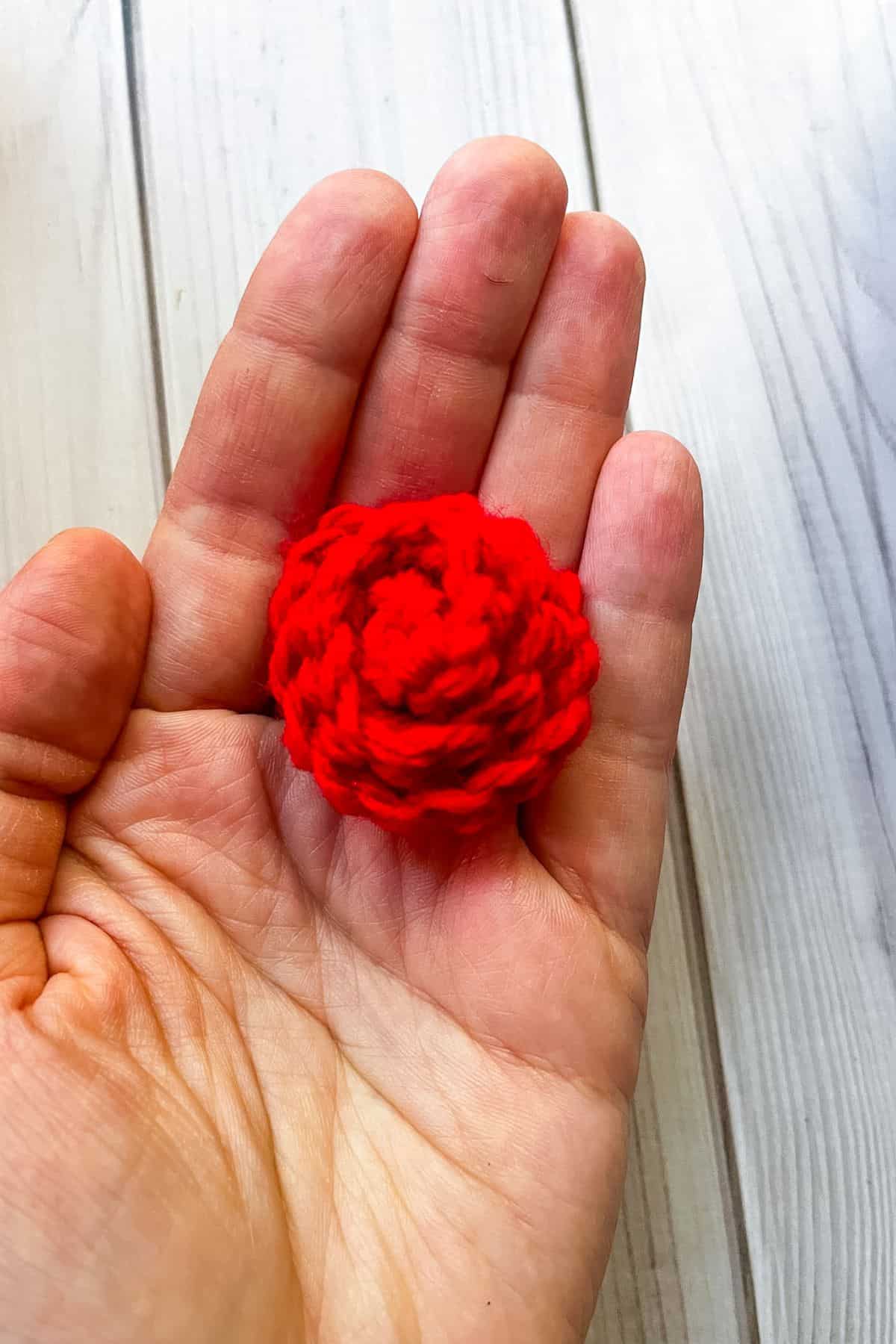 Small crochet rose in hand.