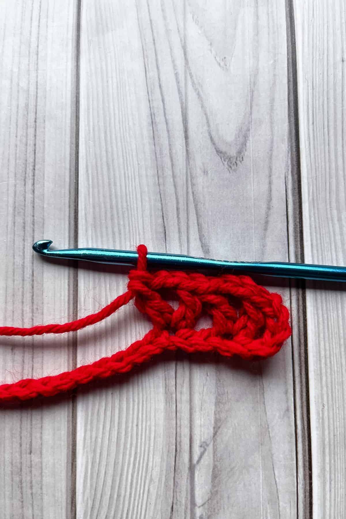 Starting a row of crochet V stitches.
