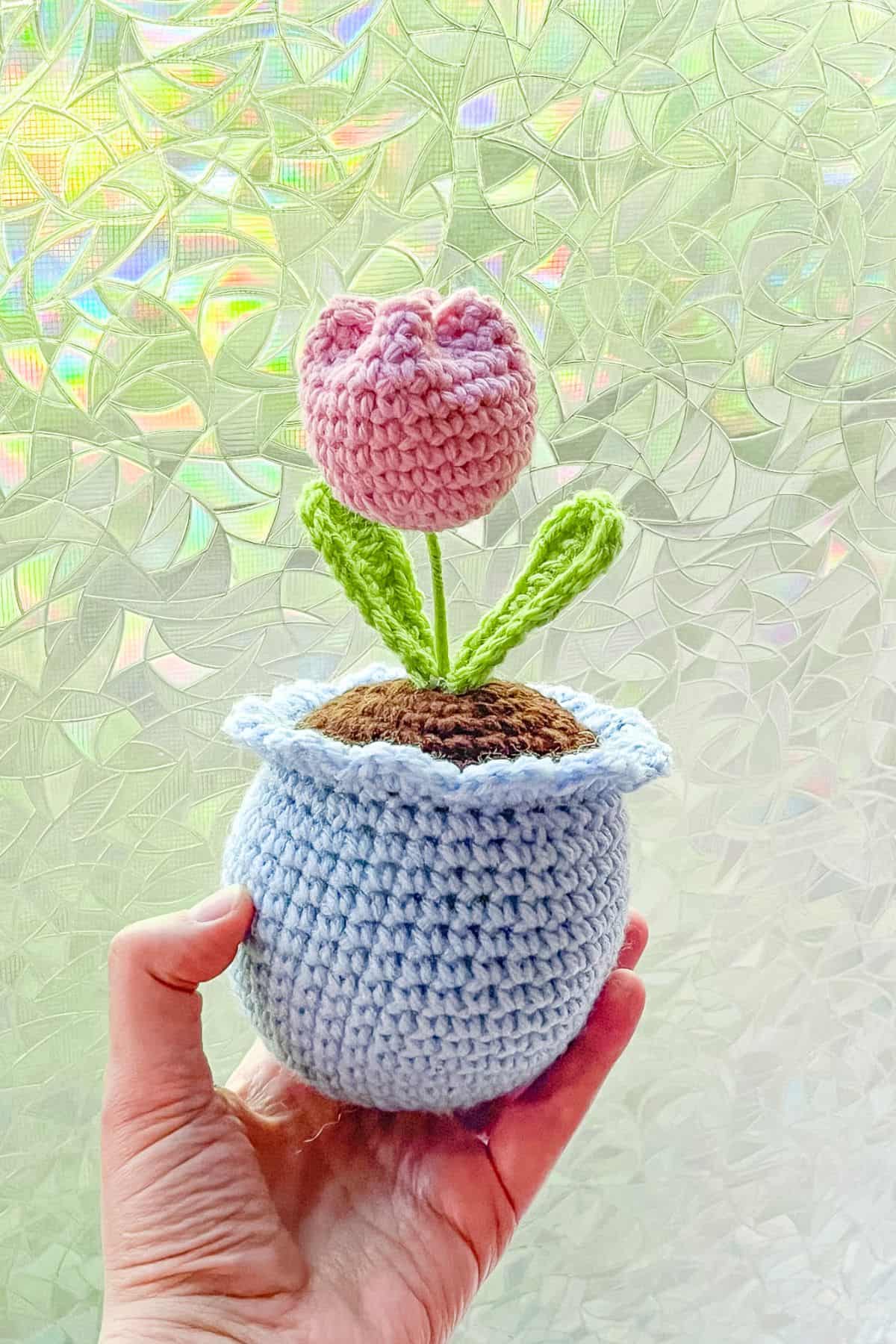 Finished crochet potted tulip plant.