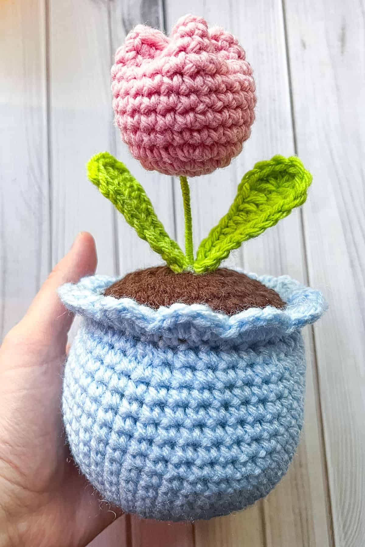 Finished crochet potted tulip plant.