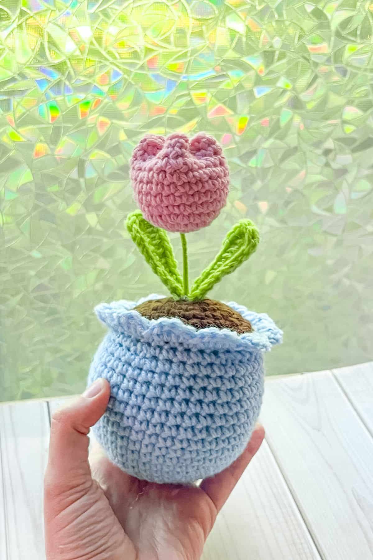 Finished crochet potted tulip plant.