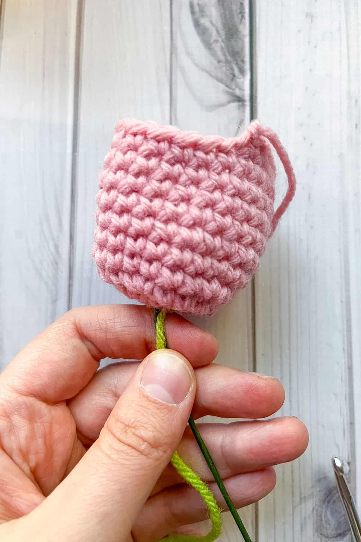 Showing where the yarn and wire are supposed to come out of the tulip.