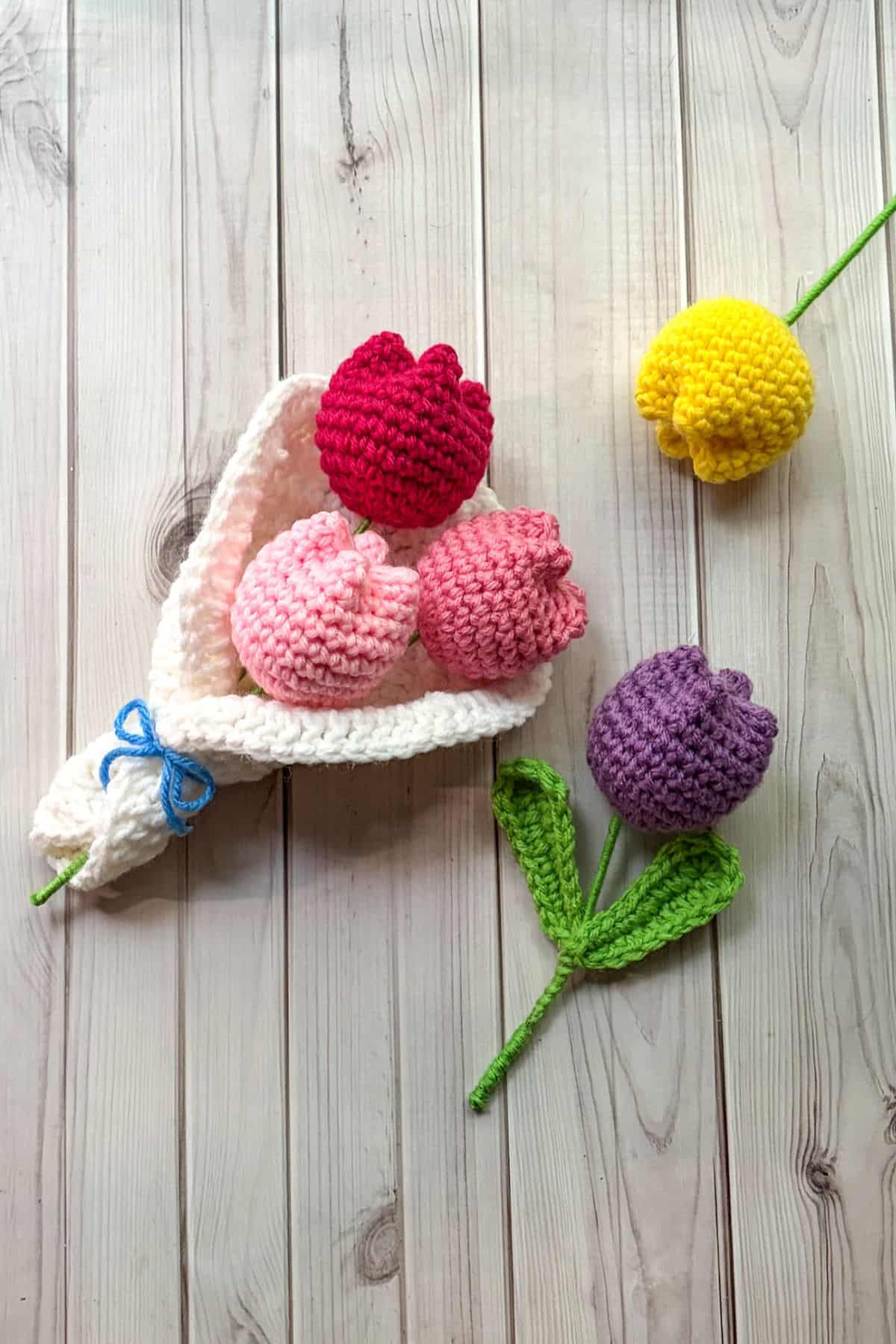 Finished crochet tulips and tulip bouquet.