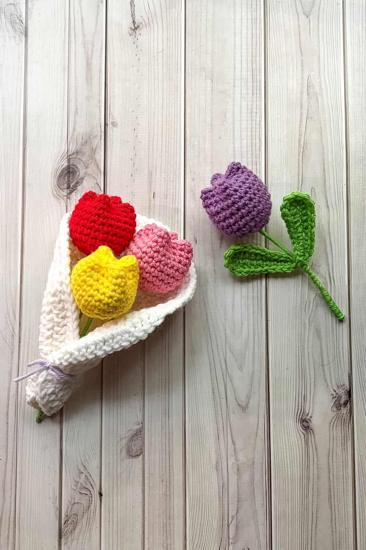 Finished crochet tulip and tulip bouquet.