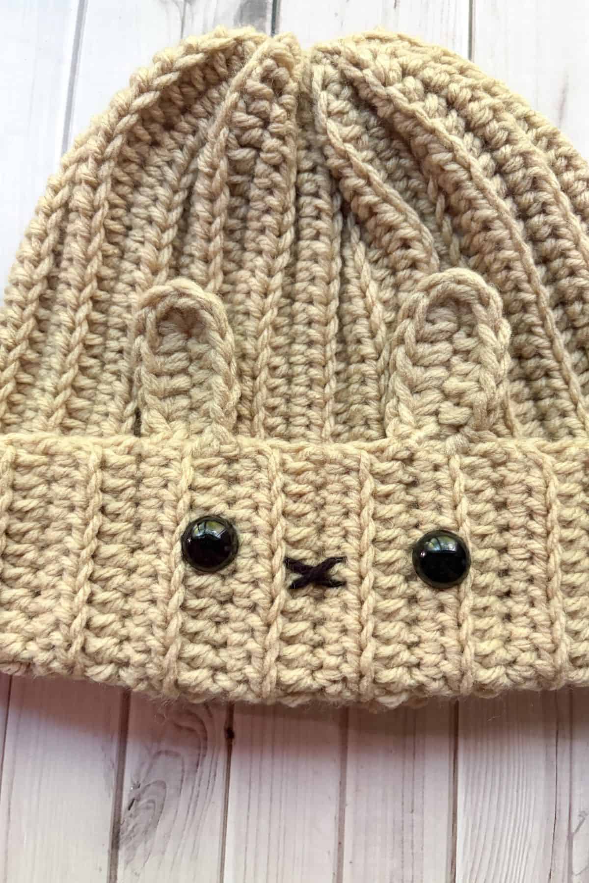 Finished close up of the bunny hat.