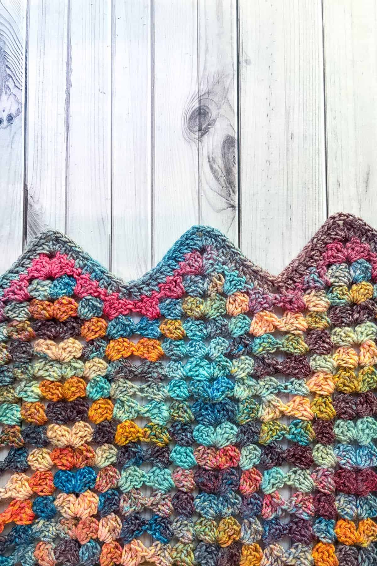 Finished crochet granny ripple blanket without tassels.