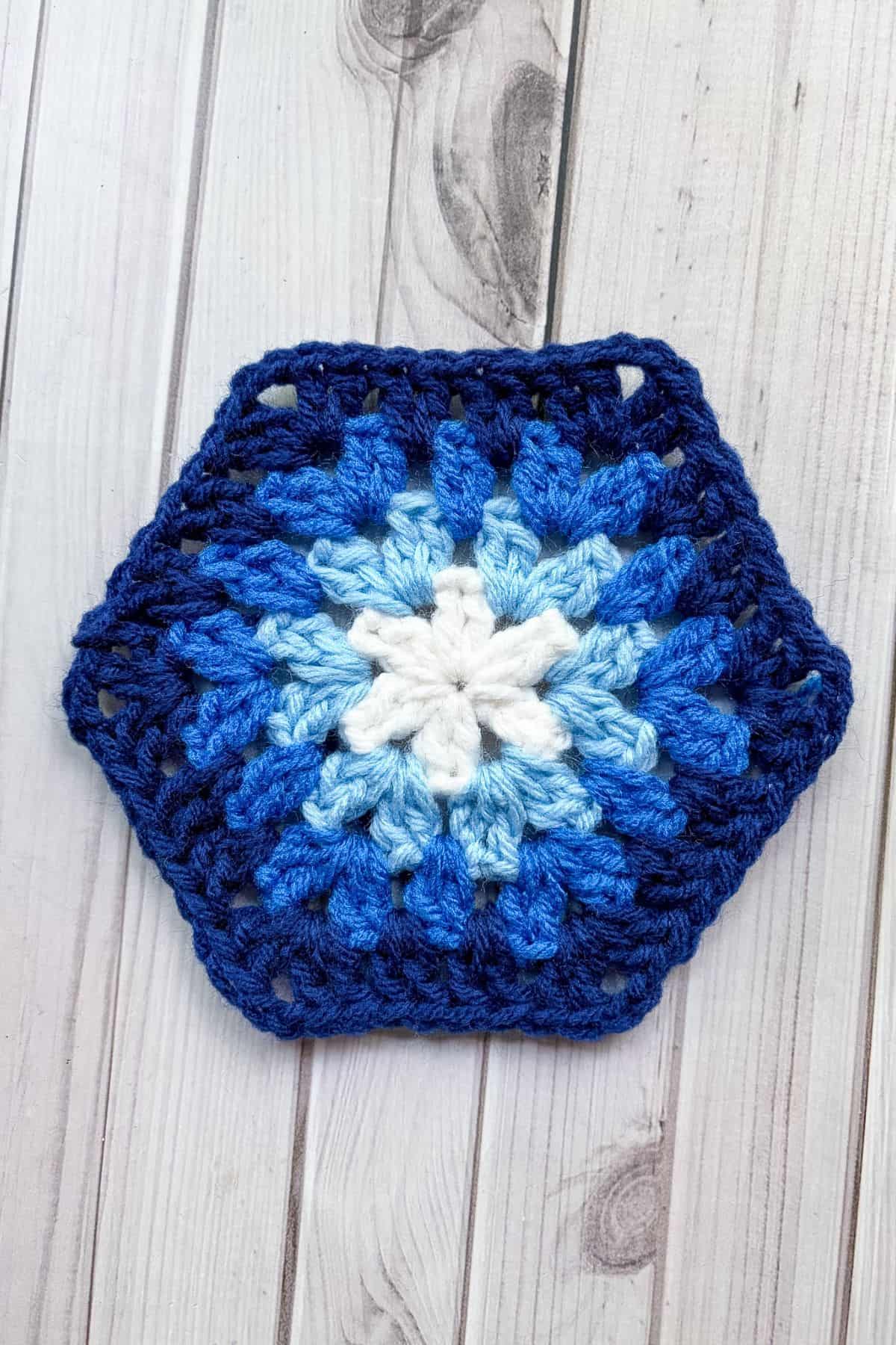 Finished crochet granny cluster hexagon.