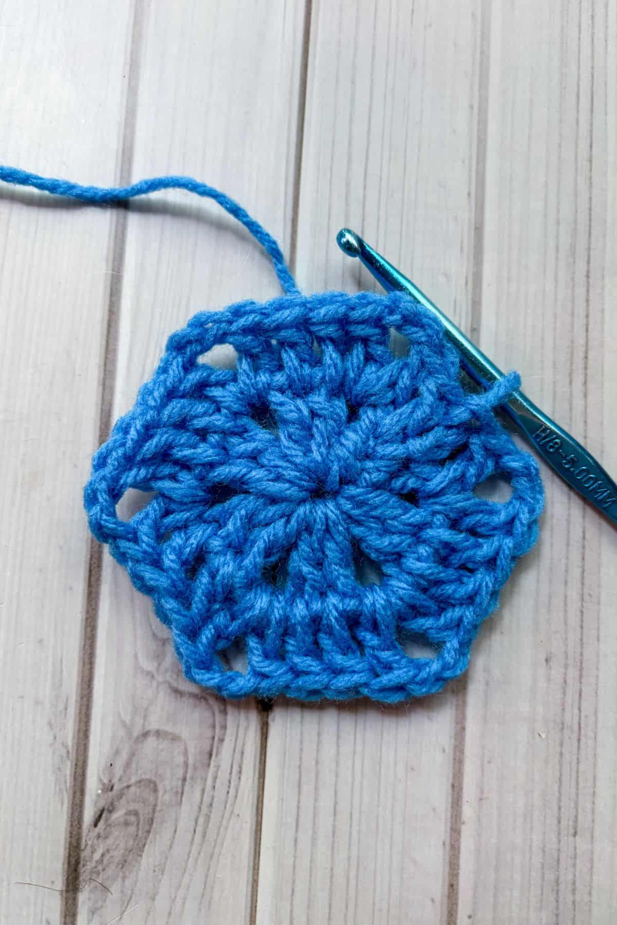 Finished 2nd round of solid crochet hexagon.