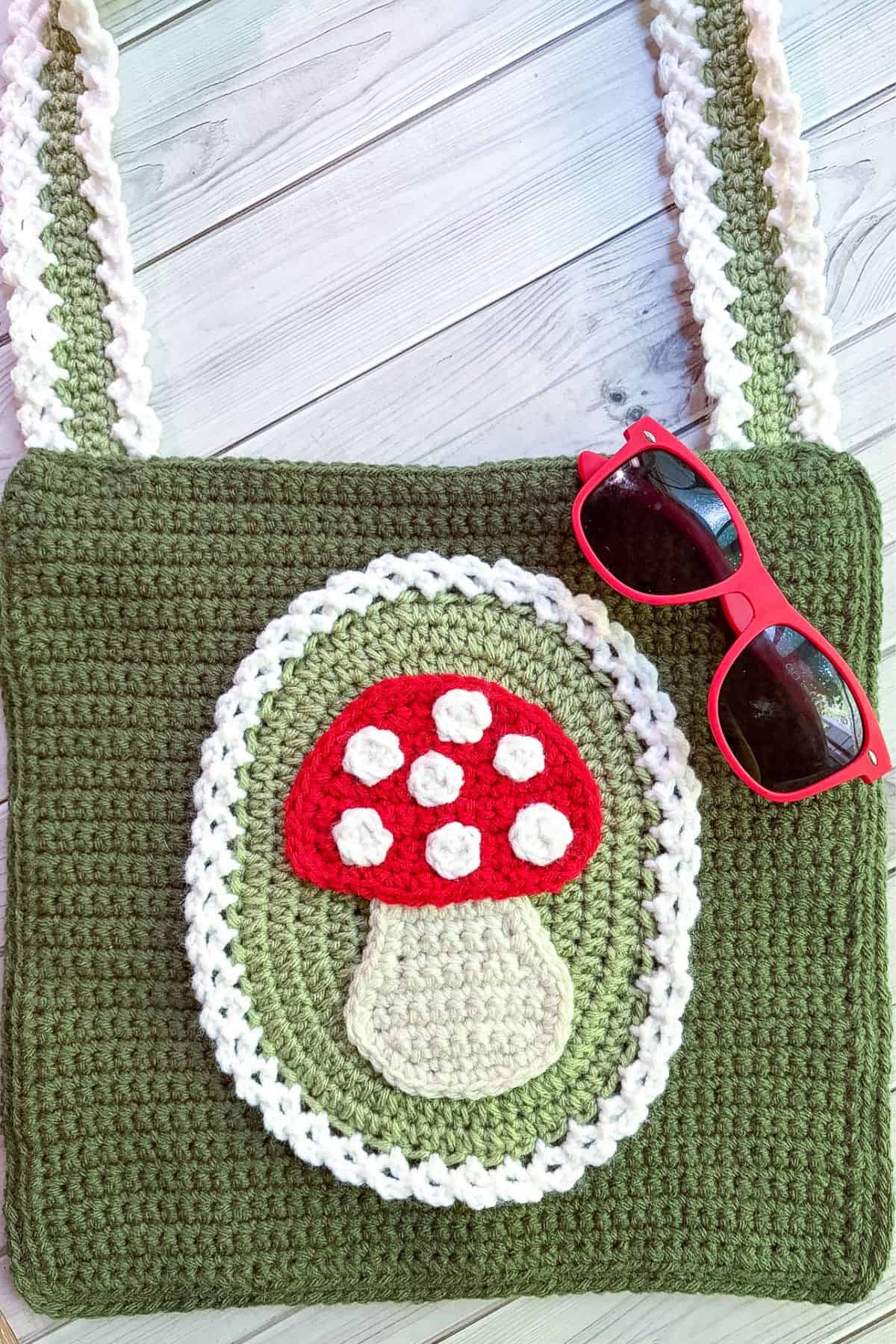 Finished crochet mushroom bag.