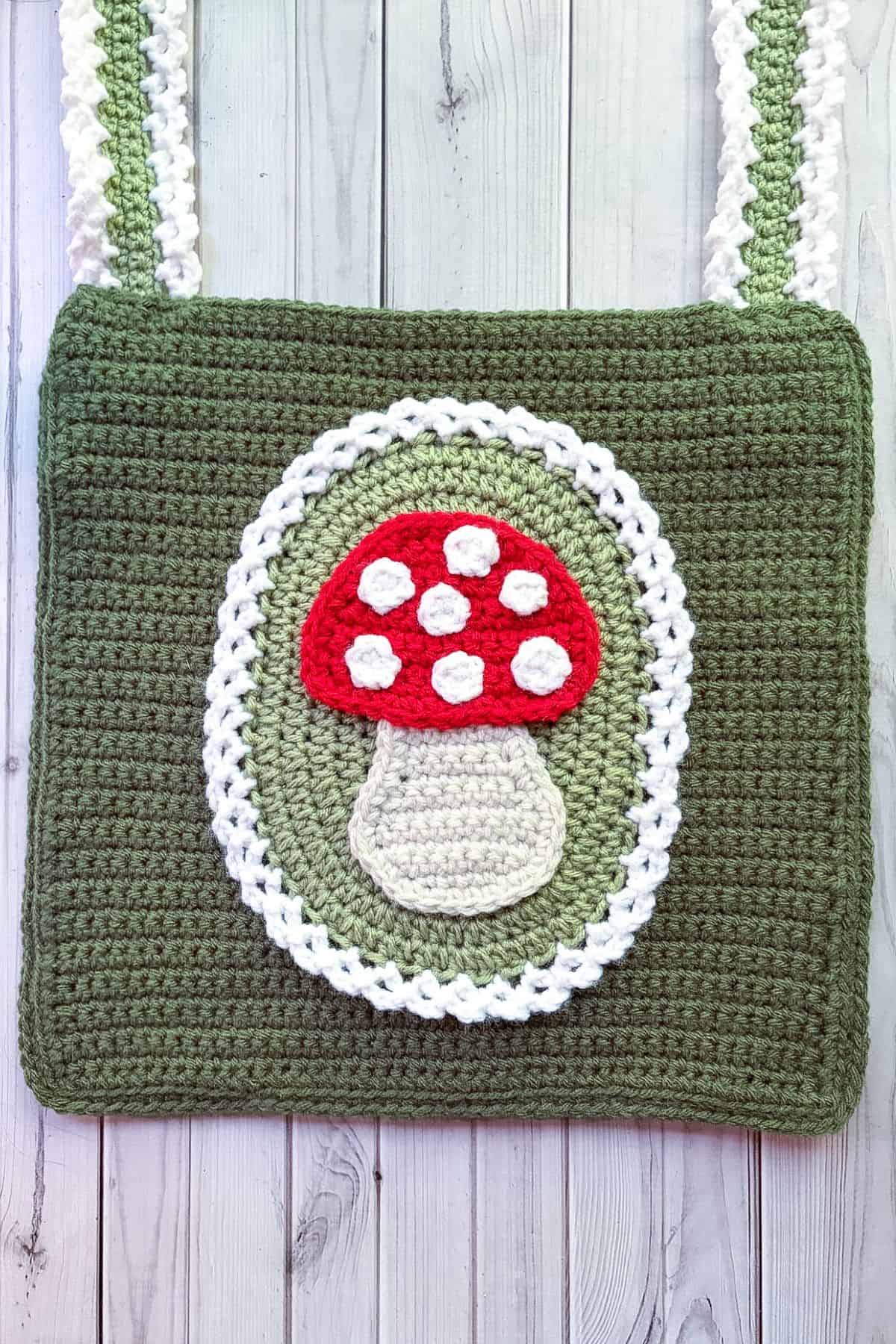 Finished crochet mushroom bag.