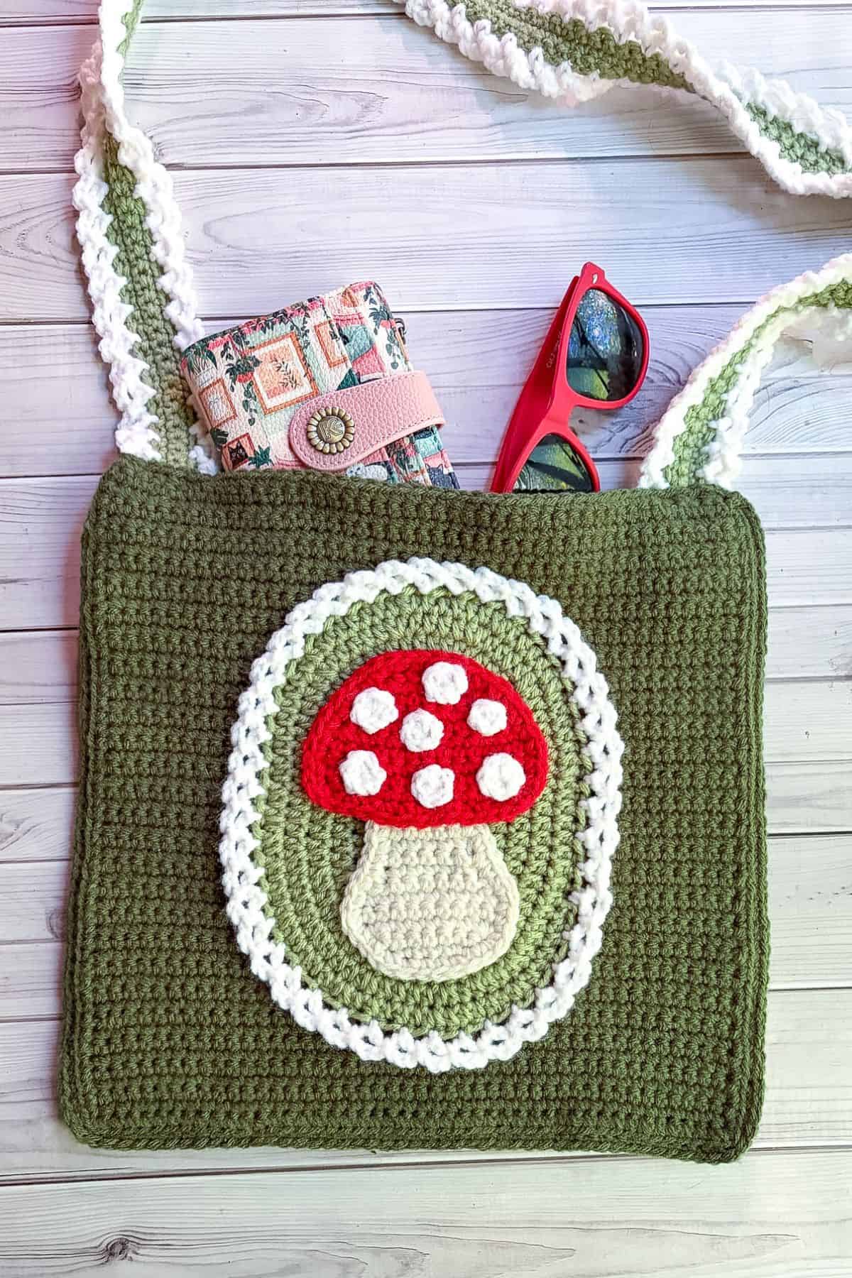 Finished crochet mushroom bag.