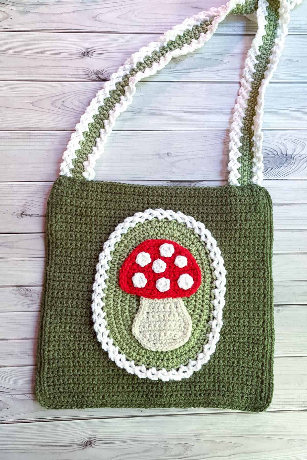 Finished crochet mushroom bag.