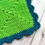 Close up of scalloped crochet shell.