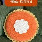 Promo image for the crochet pumpkin pie pillow pattern.
