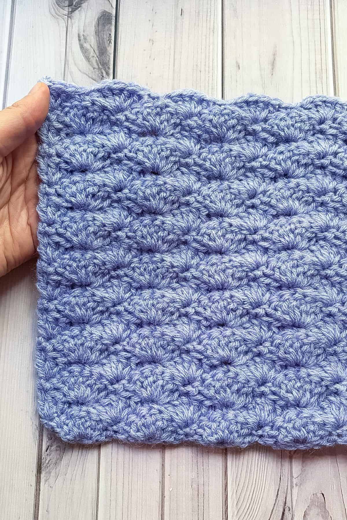 Finished crochet shell stitch swatch.